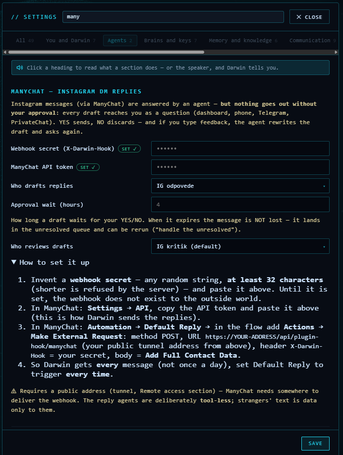 Darwin — the ManyChat section in Settings