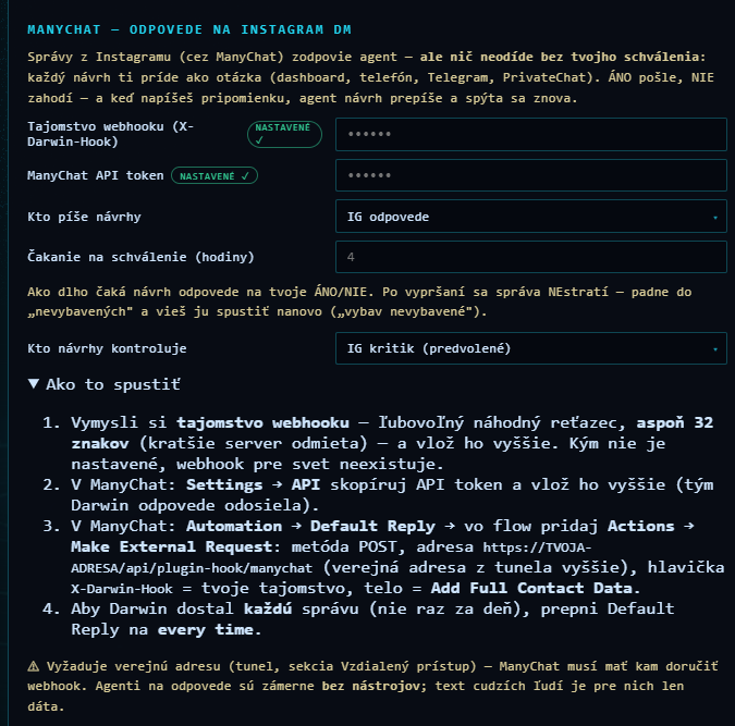 Darwin — sekcia ManyChat v Nastaveniach