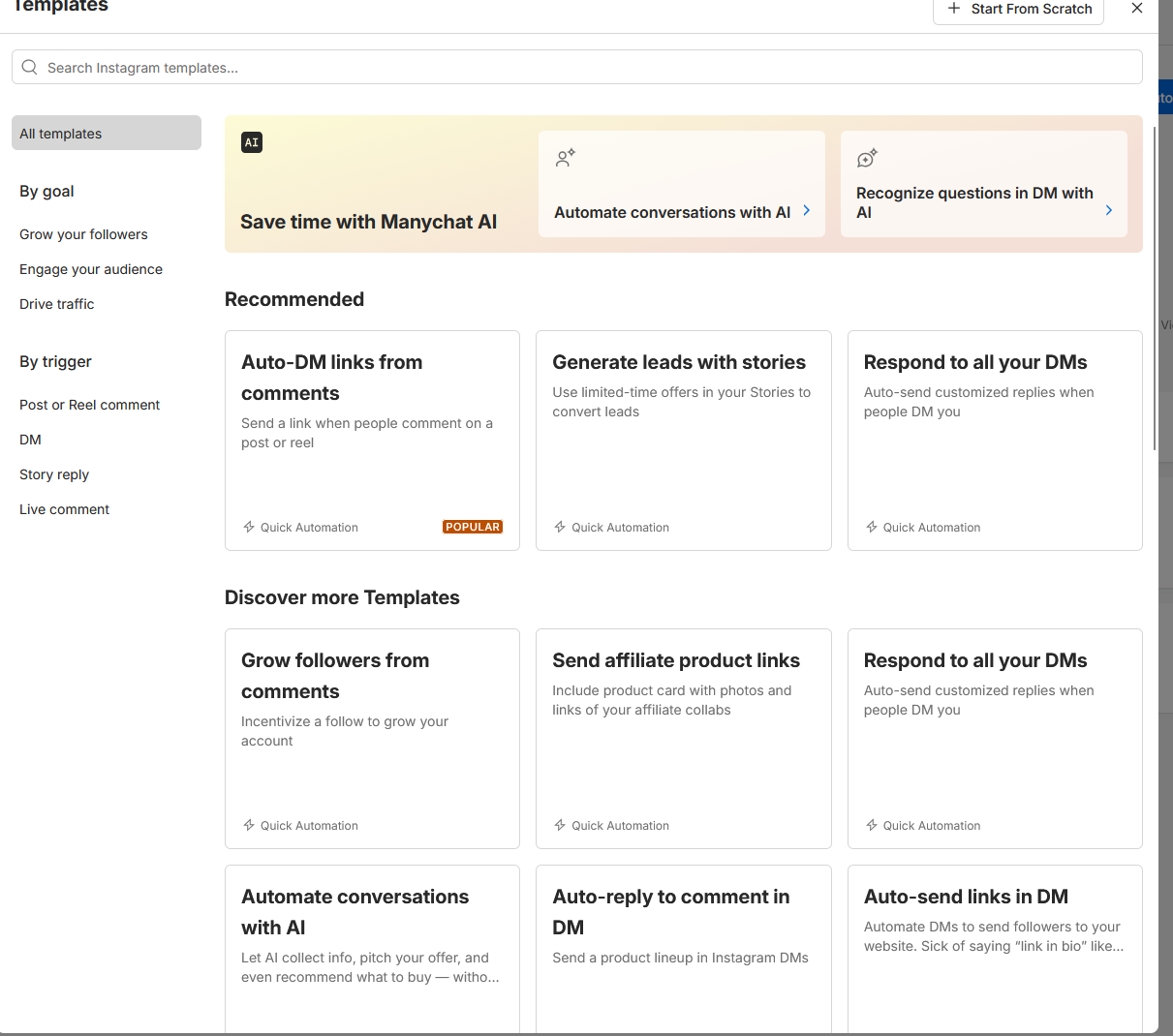 ManyChat template gallery — Start From Scratch top right