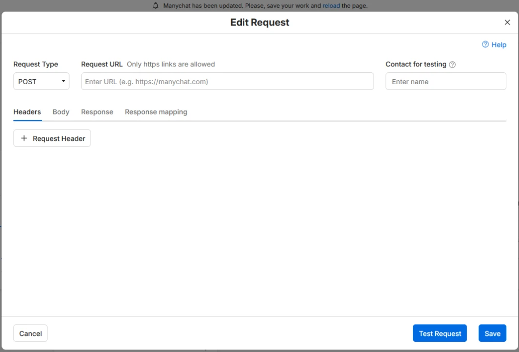 Edit Request — URL and the Headers / Body / Response mapping tabs
