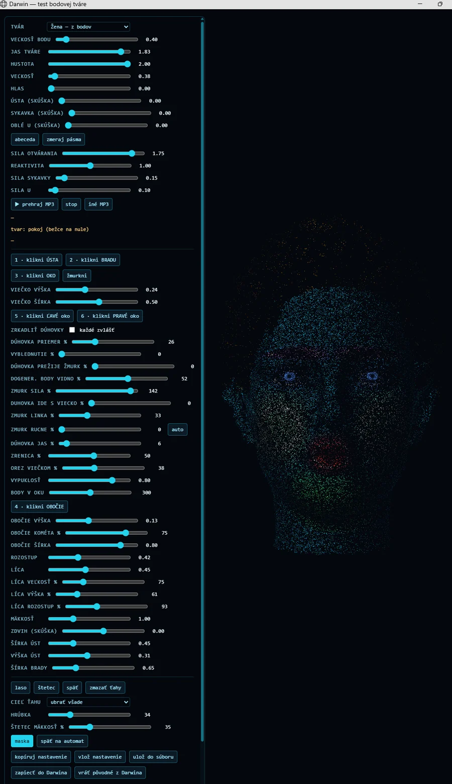 The face tuning panel: a long column of sliders on the left, a face drawn from coloured points on the right