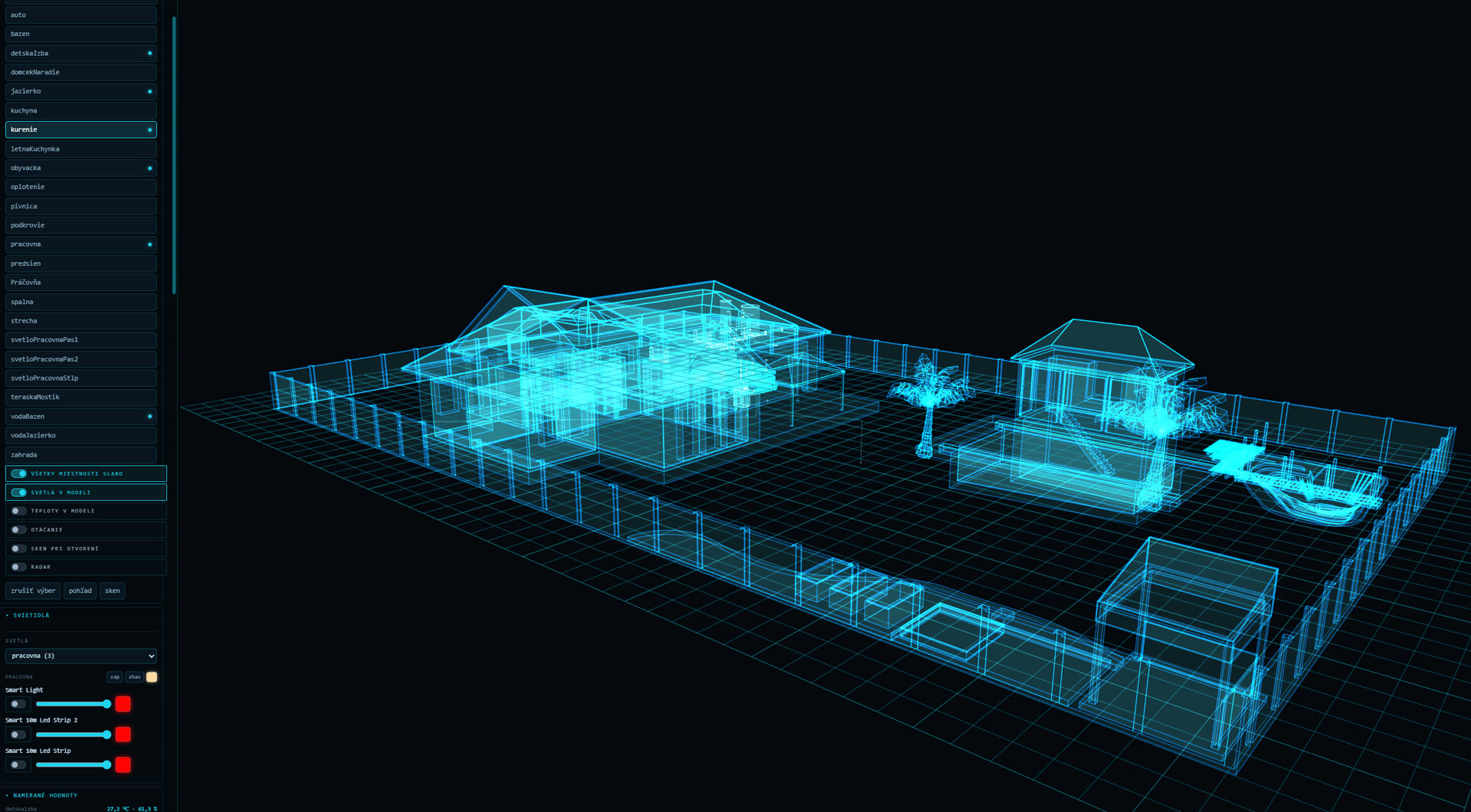 Darwin home plugin — room list, smart light controls and the wireframe model